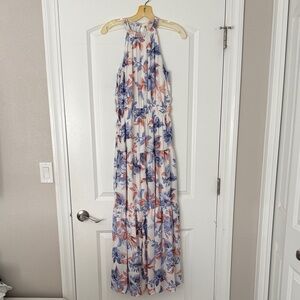 Japna White Maxi Dress with Blue and Coral Floral Print